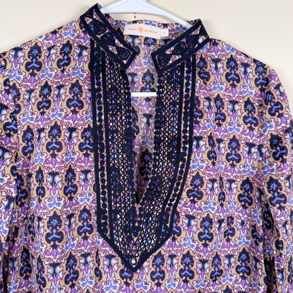 Tory Burch Damask Crochet Trim Tunic Top Sz 4 Boho Resort Wear preppy designer - Picture 3 of 14